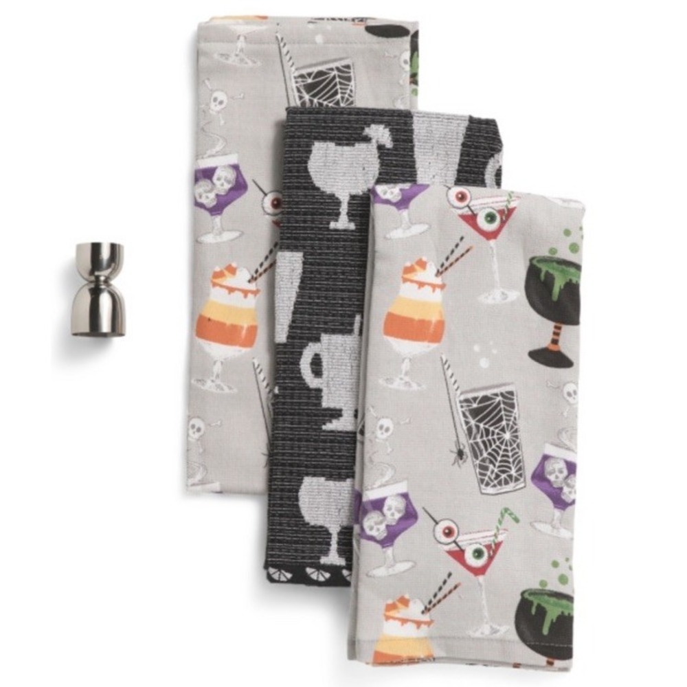 CUPCAKES & CASHMERE Set Of 3 Creepy Cocktail Toss Kitchen Towels Set With Jigger